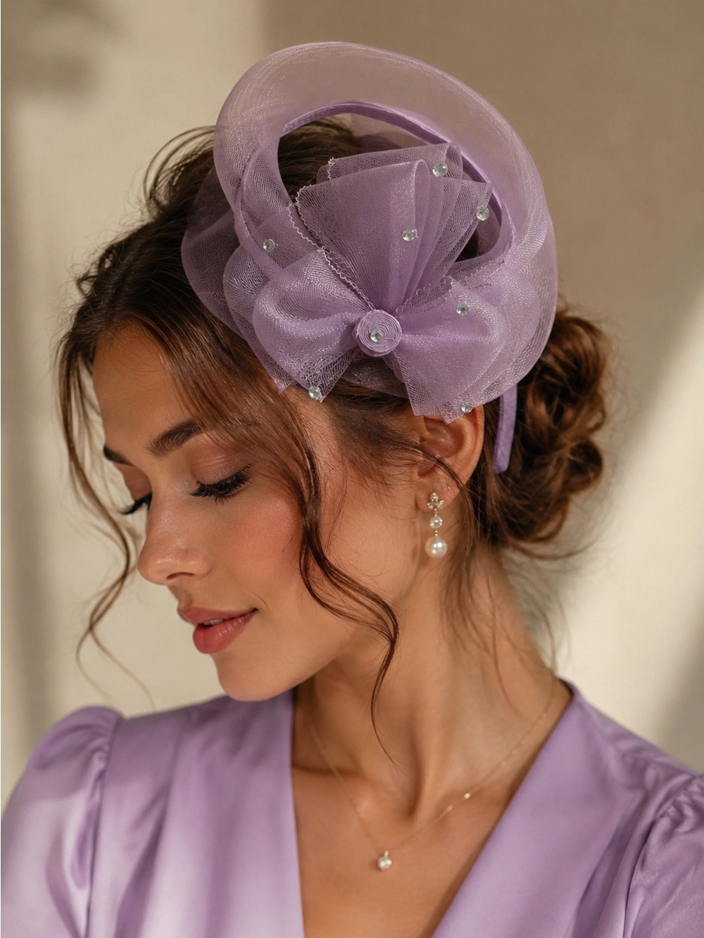 Vintage Lavender Horsehair Fascinator Rhinestone Cocktail Derby Hat